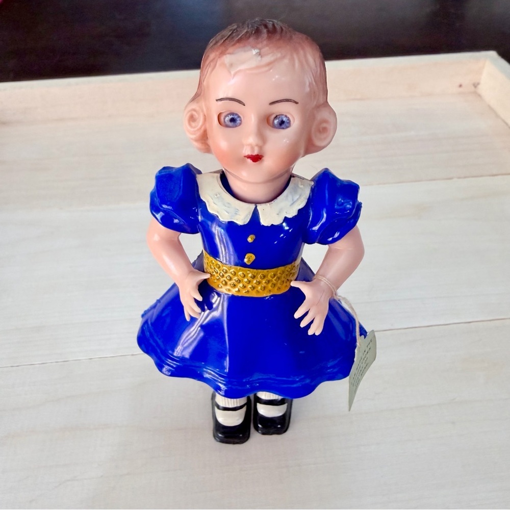 Miss Little Blue Eyes Vintage 1940s Girl Doll Toy with Gold Belt Collectible